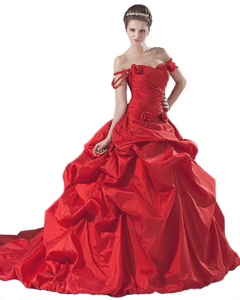 2016 Ball Gown Red Wedding Dresses Floor Length Off The Shoulder Taffeta Bridal Gown Lace Up 