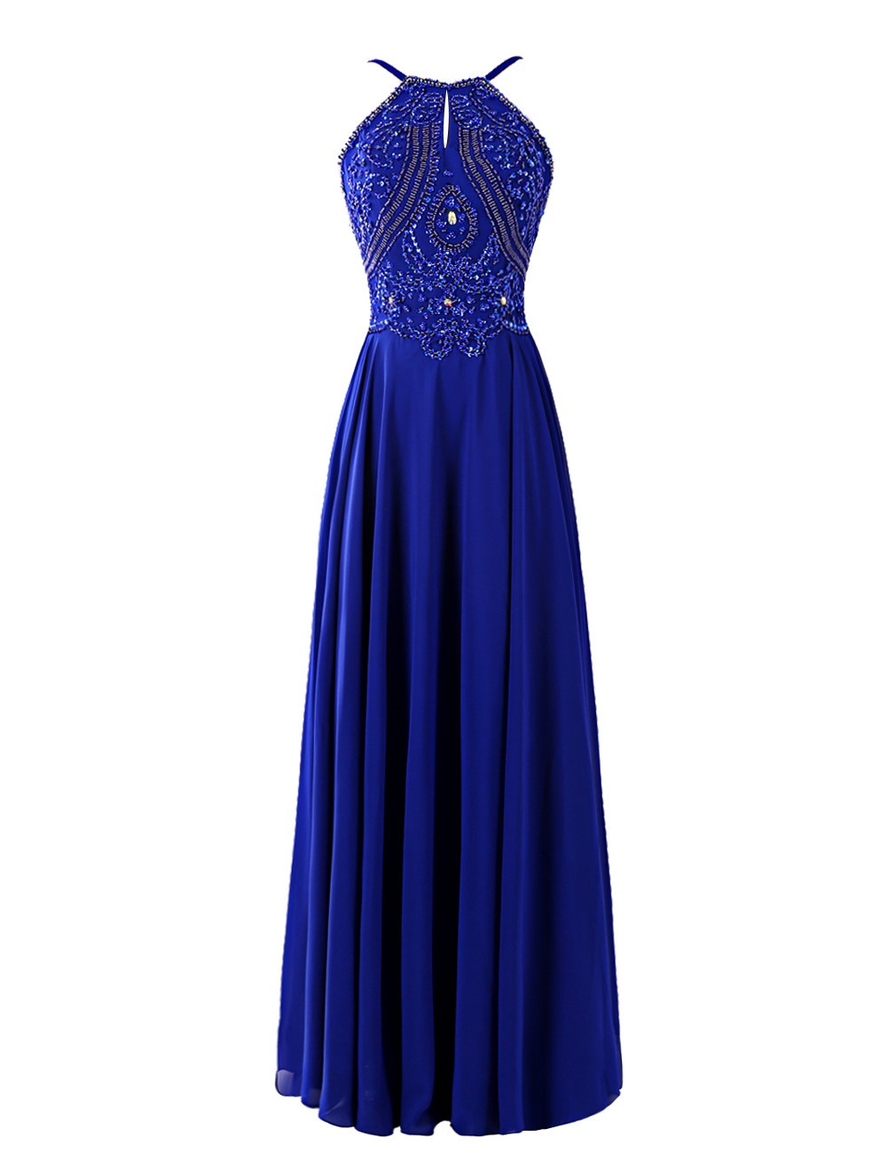 Sexy Royal Blue Chiffon Strapless Formal Dresses With Jewel Embellished Bodice Long Elegant 