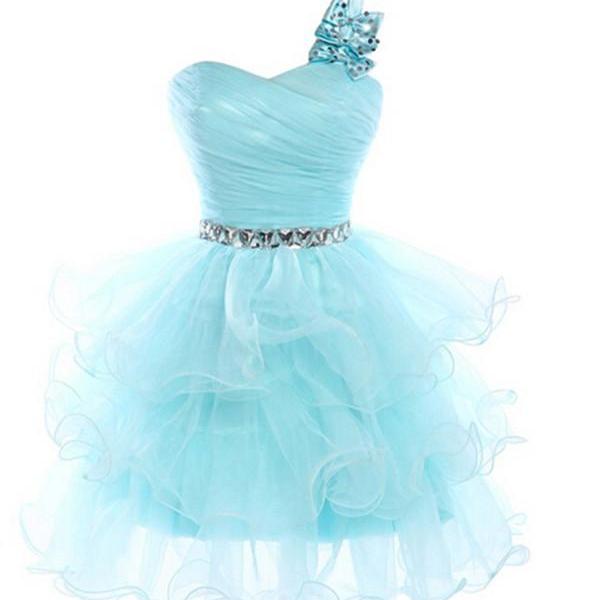 One Shoulder Organza Blue Homecoming Dresses With Bow Sexy Short